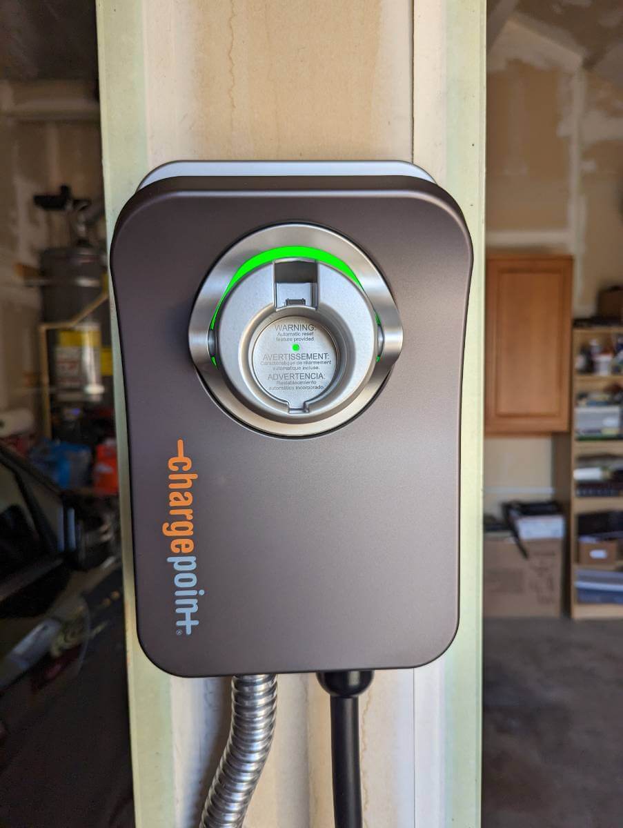 Residential EV Charger installed by Northwest Electric and Solar. Charge Point EV charger in the garage.